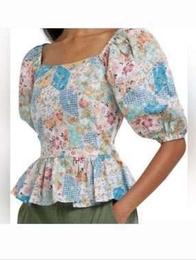 River Island Blue Multi Patchwork Floral Peplum Top